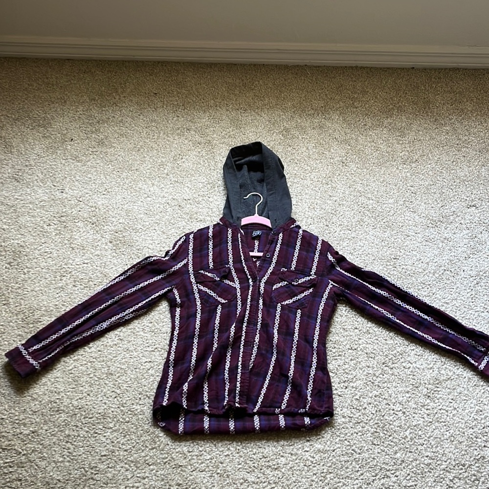 Maroon plaid button down hoodie